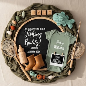 Simple Fishing Pregnancy Announcement Digital Template, Editable Cute Fishing Buddy Pregnancy Announce, Fishing Baby Reveal Social Media