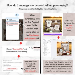 May include: A step-by-step guide with screenshots on how to manage an Etsy account after purchasing. The guide includes instructions on downloading files and editing templates. The text includes "Purchases and reviews" and "CLICK CANVA EDIT".