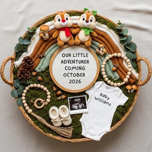 May include: A wicker basket with a baby announcement theme. It includes Chip and Dale plush toys, a rainbow, a letter board with text, a baby onesie, ultrasound image, and baby shoes. The text on the letter board reads "OUR LITTLE ADVENTURER COMING OCTOBER 2026".
