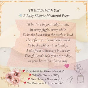 Placa de lembrança para chá de bebê "Eu ainda estarei com você", decoração de mesa memorial para impressão, "Em memória amorosa", poema de lembrança para sempre em nosso coração
