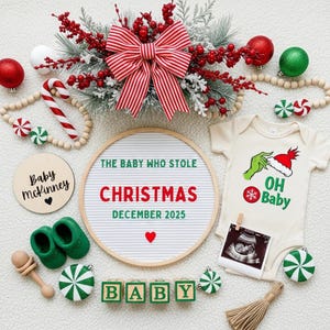 Faire-part de grossesse Noël numérique, faire-part bébé surprise drôle, thème Grinch, modèle modifiable, le bébé qui a volé Noël