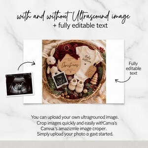 May include: A Christmas-themed baby announcement featuring a white onesie, wooden sign, and ultrasound image. The announcement includes a knitted bunny, baby shoes, and a decorative basket. The text reads "I'll be home for Christmas."
