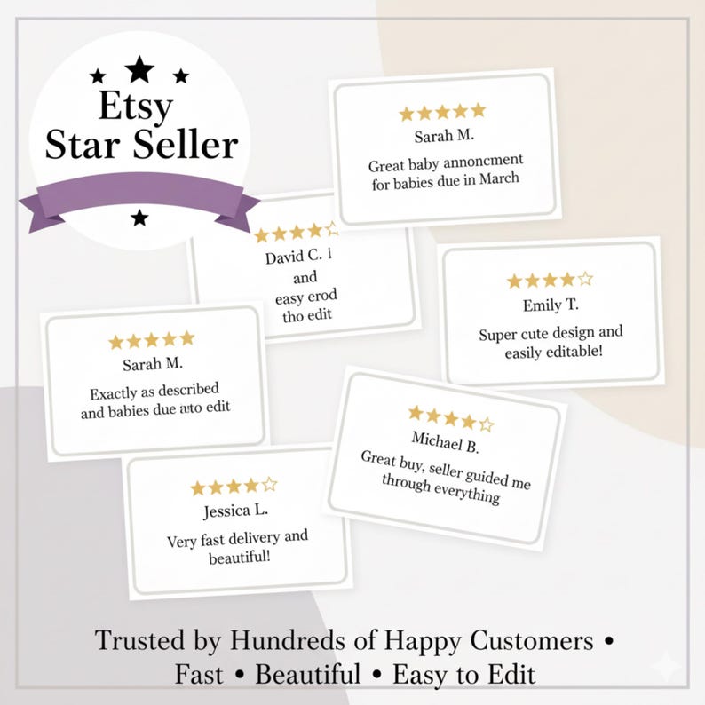 May include: An Etsy Star Seller graphic with customer reviews. The design includes a purple banner, stars, and customer testimonials with five-star ratings. Text includes "Trusted by Hundreds of Happy Customers."