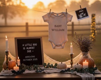 Könnte beinhalten: Halloween-Babyankündigung. Ein beiger Babybody mit dem Aufdruck "BABY WILLIAM" hängt an einer Wäscheleine. Ein Schild lautet: "A LITTLE BOO IS ALMOST DUE - ARRIVING OCTOBER 2025". Kürbisse, Kerzen und ein Ultraschallbild vervollständigen die Szene.