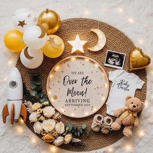 Space Pregnancy Announcement: Over The Moon, Gender Neutral (Digital Image, 5x7 inch)