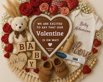 Valentine Day Digital Pregnancy Announcement with Test, Boho Baby Reveal Social Media, Pregnancy Reveal Template, Baby Announcement