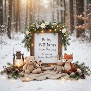 May include: A wooden framed sign with the text "Baby Williams is on the way Arriving December 2026" is surrounded by greenery and lights. Plush toys of a bear, deer, rabbit, and fox sit on a blanket in the snow.
