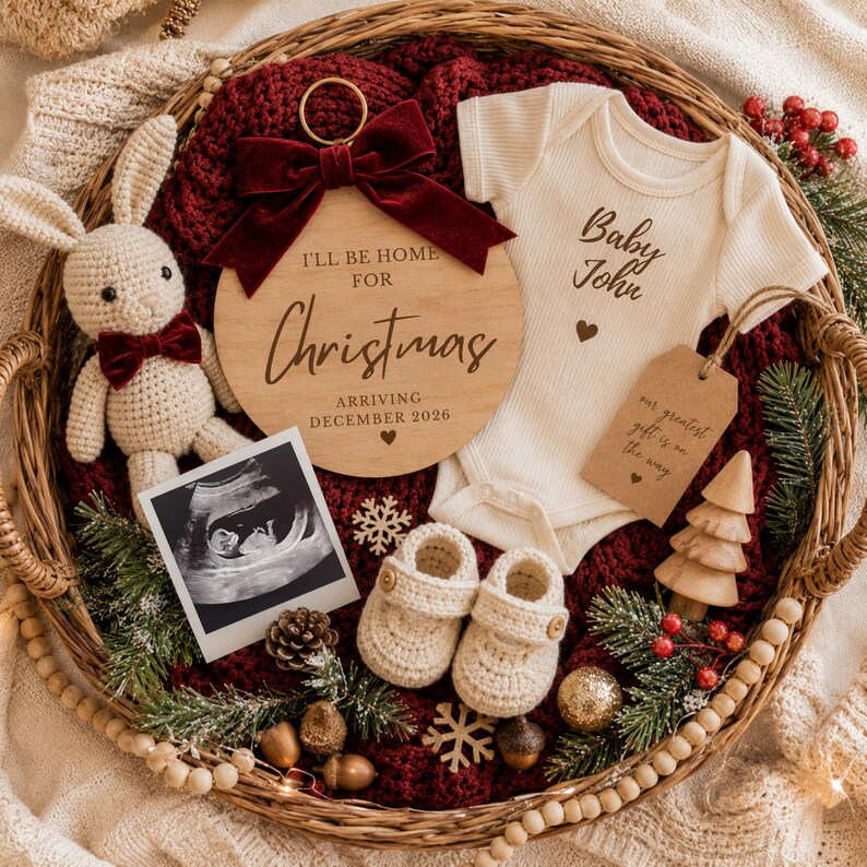May include: A Christmas-themed baby announcement in a woven basket. Includes a wooden ornament with text, a baby onesie, ultrasound photo, crocheted booties, and a stuffed bunny. The ornament reads "I'll be home for Christmas, arriving December 2026."