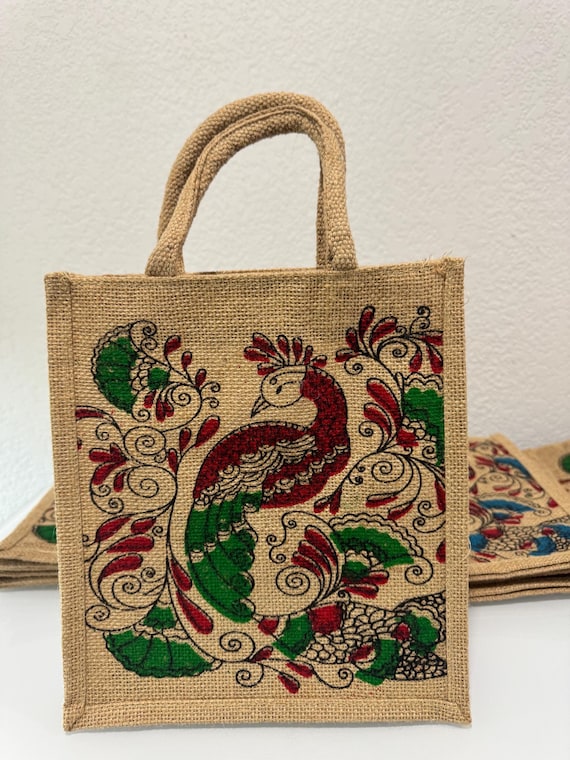 Peacock Print Jute Favor Bags: Indian Festival Party Gifts