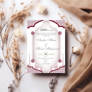 Islamic Wedding Invitation Template Download, Nikkah Invitation, Red Invitation Card, Muslim Wedding Invitation , Floral Nikkah Invites