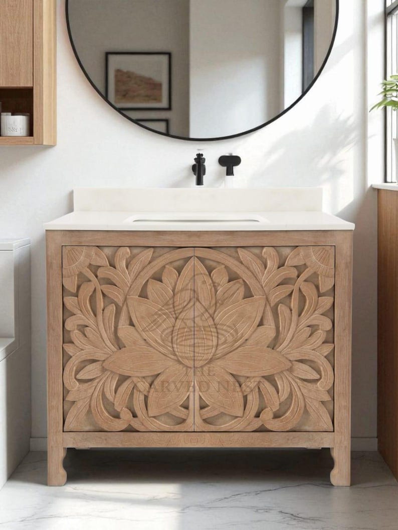 Handcarved Lotus Vanity Natural Wood Bathroom Sink Base