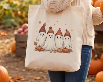Sacola de lona com estampa de fantasmas de Halloween, bolsa fofa para amantes do outono, sacola de compras reutilizável, sacola aconchegante para professores e crianças, decoração de outono.