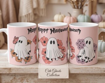 Dancing Floral Cute Ghost Mug - Pink Halloween Mug, Flower Ghost Mug, Retro Pastel Pinkoween Coffee Cup