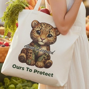 Amur Leopard Tote Bag - "Ours To Protect" Wildlife Conservation Gift - Eco-Friendly Canvas Grocery Bag, Faux Patchwork Animal Lover Carryall