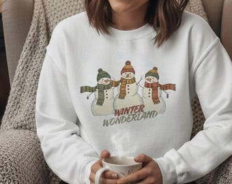 Sudadera de muñeco de nieve, suéter navideño de invierno, sudadera vintage de cuello redondo, regalo familiar acogedor de muñeco de nieve, ropa de temporada adorable