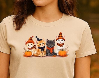 Cute Autumn Kitten Graphic T-Shirt, Cozy Halloween Fall Style Cat Lover Gift, Cute Thanksgiving Shirt for Kitten Lovers, Autumn Aesthetic