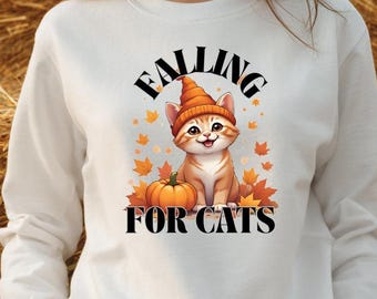 Falling for Cats Sweatshirt, Cute Autumn Kitten, Cozy Fall Pullover, Pumpkin and Leaves Graphic, Seasonal Pet Lover Gift, Trendy Sweater