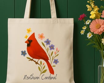 Bolsa de lona con estampado de cardenal norteño: bolso de hombro ecológico con estampado floral de pájaros, regalo para amantes de la naturaleza, reutilizable para comestibles y uso diario.