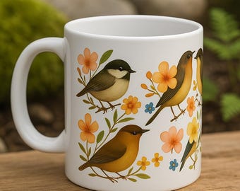 Taza de cerámica con diseño floral de pájaros de jardín — Taza de café botánica con flores silvestres