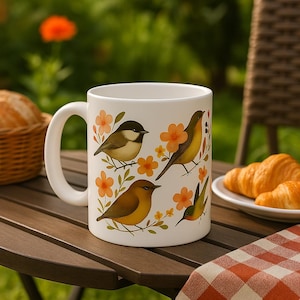 Floral Bird Ceramic Mug, Colorful Coffee Cup, Nature Lover Gift, Handmade Drinkware, Ceramic Bird Mug, Bird Lovers Gift, Bird Lover Mug
