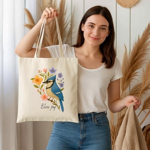 Blue Jay Canvas Tote Bag, Eco-Friendly Floral Bird Design, Nature Lover Gift, Reusable Grocery Bag, School Tote Bag, Bird Print