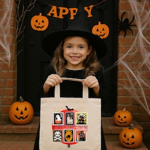 Cute Canvas Halloween-Themed Tote Bag, Reusable Trick or Treat Shopping Bag, Eco-Friendly Gift for Kids and Adults, Creepy Fall Decor