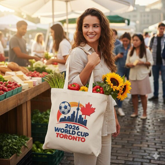 2026 World Cup Toronto Tote Bag, Canada Soccer Fan Gift For Him or Her, Stylish Canadian Skyline Print, Maple Leaf Soccer Fan Merch Bag
