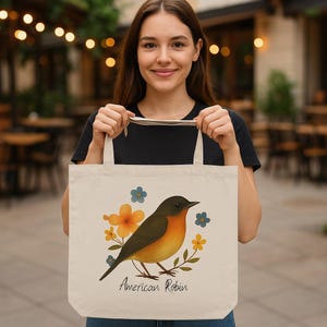 American Robin Canvas Tote Bag - Eco-Friendly Bird Lover Gift, Nature-Inspired Floral Design, Reusable Grocery & Book Bag, School Tote Bag