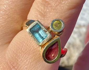 Vintage 585er Gelbgold Topas Peridot Granat Ring - Größe 6,25 Einzelstück