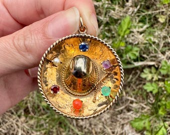 14k Sombrero Mexico Anhänger mit Edelsteinen - Nachlassschmuck