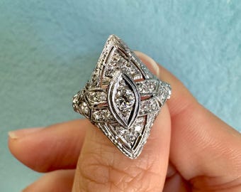 Vintage Massiver 14k Weißgold Diamant Art Deco Ring - Größe 5,5