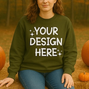 Military Green Gildan 18000 Mockup, Halloween Crewneck Mockup, Military Green Sweatshirt, Model Mockup, Pullover Mockup, Instant Download