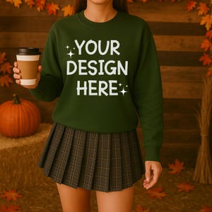 Gildan 18000 Military Green Mockup, Fall Crewneck Mockup, Military Green Sweatshirt, Model Mockup, Pullover Mockup, Instant Download