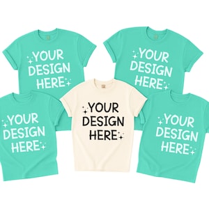 Comfort Colors 1717 Group Mockup, Island Reef and White Tshirt Mockup, Group Shirt Mockup, Flat Lay Mockup, Group Mockup