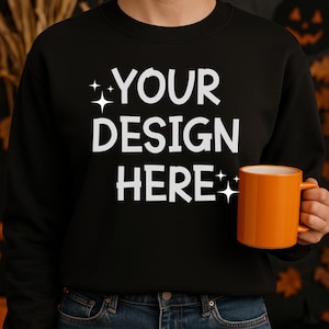 Black Gildan 18000 Mockup, Halloween Crewneck Mockup, Flat Lay Mockup Black Sweatshirt, Pullover Mockup, Instant Download