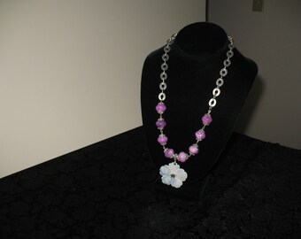Sugilite, Sterling Silver and Hand Carved Mother of Pearl Pendant Necklace