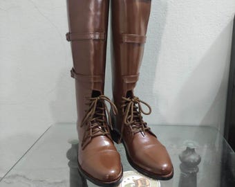 Botas altas de montar de cuero hechas a mano para hombre, color marrón, estilo caballería ecuestre.