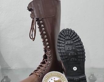 Handmade Leather Lace-Up Tall Boots: Buckle Accent, Rubber Sole