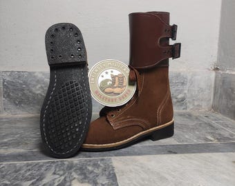 Handmade Suede Leather Combat Style Boot Two Buckle, Mid Calf