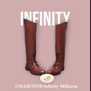 May include: A pair of knee-high brown leather boots featuring front lace-up closures, side lacing details at the top, and low heels. The text INFINITY is displayed above the boots, and COLLECTION Infinity Militaria is printed below.