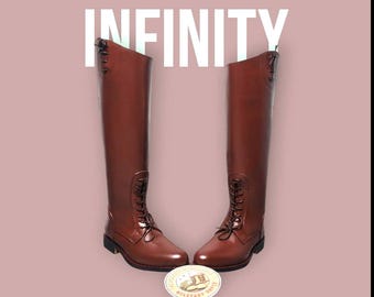 Handmade Officer Pointed Brown Long Boot. Riding Boots With Leather Sole Side Laces