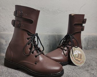 Handmade Brown Leather Combat Boots: Buckled Military Style, Tactical Lace-Up
