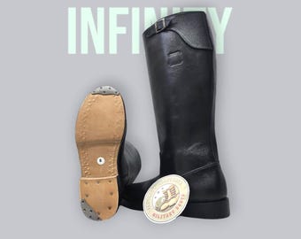 Handmade Black Leather Boot Officer Style With Leather Sole 2 Iron Plates