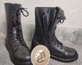 Handmade Black Leather Combat Boots – Side Zip Military Style Tactical Boots for Men