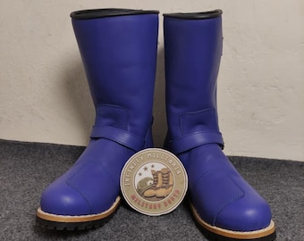 Ręcznie robione niebieskie skórzane buty inżynierskie: męskie obuwie robocze typu biker do połowy łydki