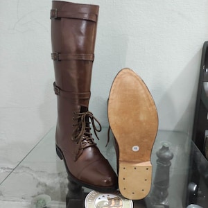 Handmade German Pointed Leather Long Boot With Leather Sole 3 Buckles . Military Boot, Boot, Long Boot, Men Boot, Riding Boot