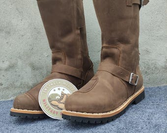 Handmade Men’s Brown Leather Engineer Boots – Biker Style, Buckle Strap, Rubber Sole