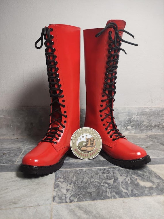 Handmade Red Leather Knee High Wrestling Boots, Tall Laces Boots