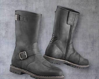 Handmade Black Leather Motorcycle Boots – Men’s Vintage Biker Boots