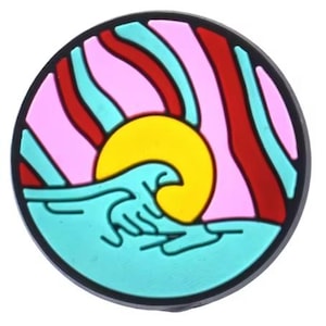 May include: A round sticker with a colorful design of a sun setting over a wave. The sun is yellow, the wave is blue, and the sky is pink and red.